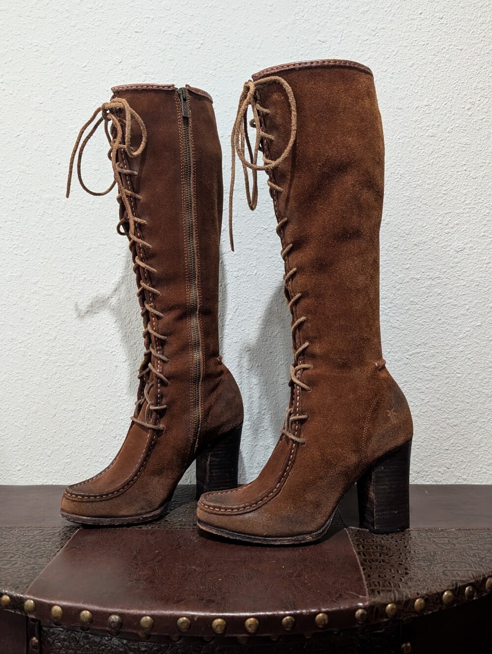 FRYE Parker Moccasin Lace Up Tall Knee High Zip Brown Suede Leather Boots - Picture 12 of 16